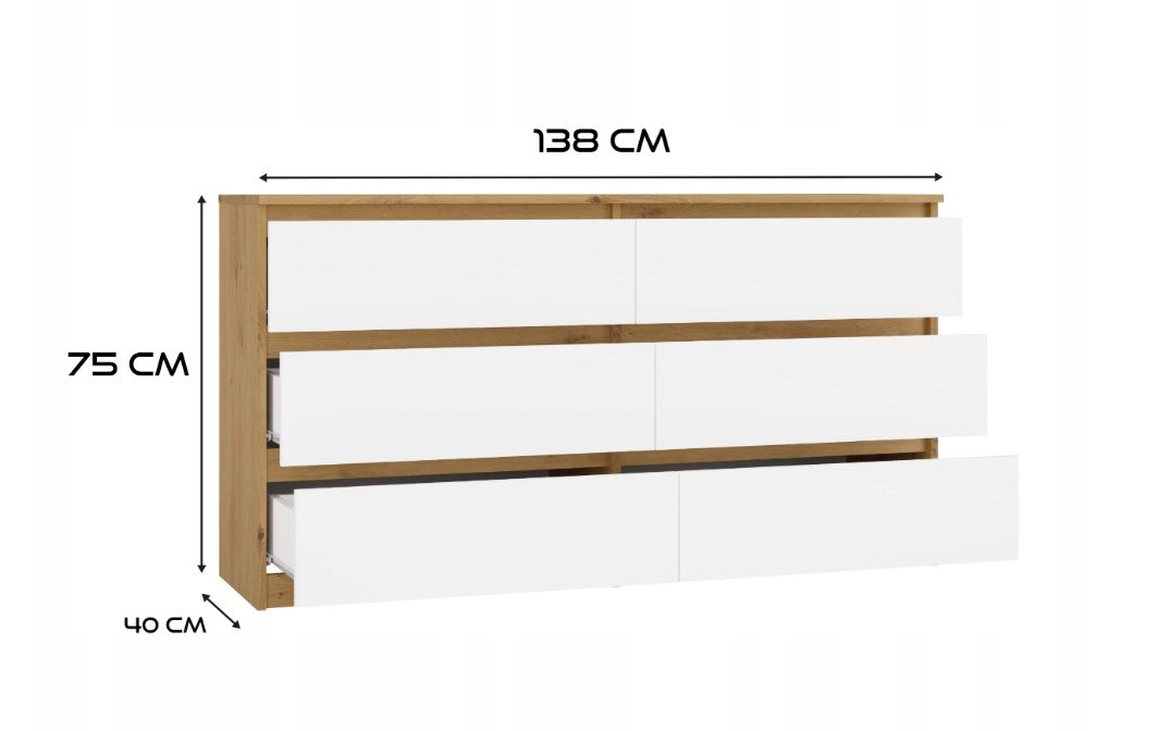 M6 MALWA CHEST OF DRAWERS 140 CM 6 DRAWERS OAK ARTISAN/WHITE