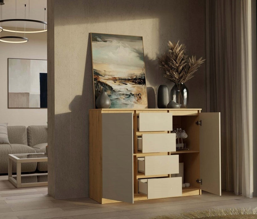 CHEST OF DRAWERS WITH 2 DOORS AND 4 DRAWERS, ARTISAN OAK/CASHMERE COLOUR