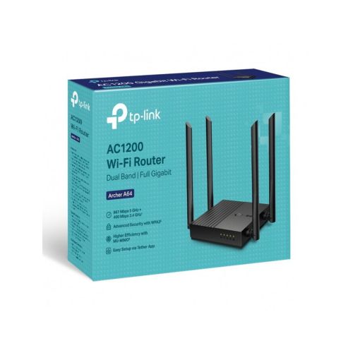 TP-Link Wi-Fi Router Archer A64 AC1200 1200Mbps LAN/WAN 802.11ac Black EU