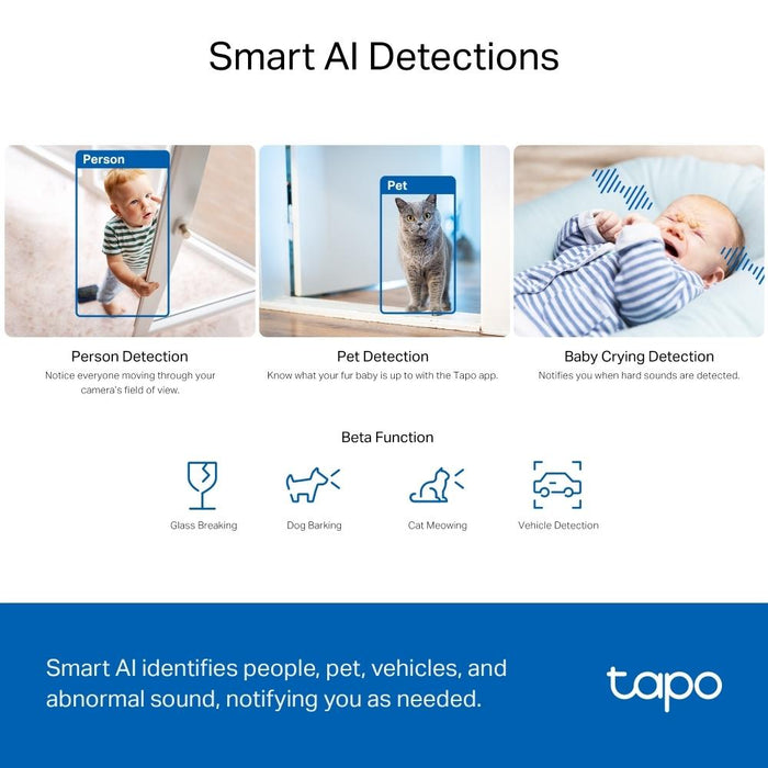 TP LINK Home Security Camera with AI, 3K 5MP (2880×1620 px), H.264, microSD, 2.4 GHz Wi-Fi