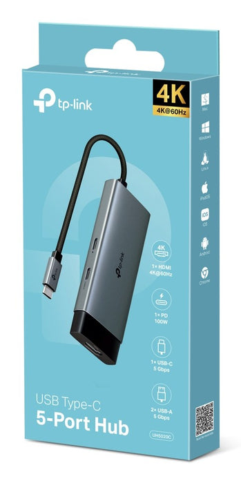 TP-Link Adapter HUB 5-in-1 UH5020C Type-C to 2xType-C, 3xUSB 3.0, HDMI 4K 60Hz, Black EU
