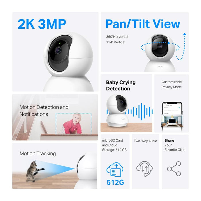 TP-Link Tapo C210P2 WiFi Security Camera, 360°, Pan/Tilt - 2 Pieces