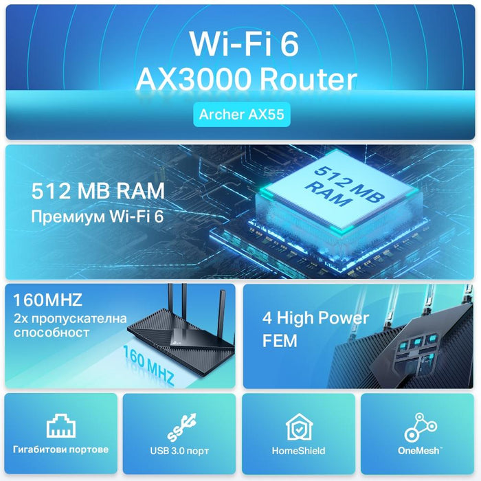 Wireless router TP-Link Archer AX55, AX3000, Wi-Fi 6, Dual-Band Gigabit