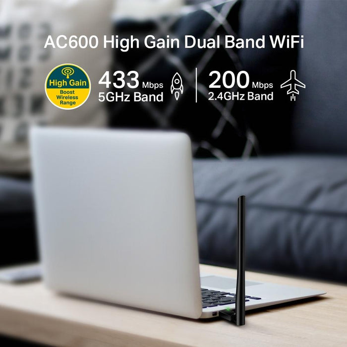 Wireless adapter TP-LINK Archer T2U PLUS, AC600, Dual band, USB, external antenna 5 dBi