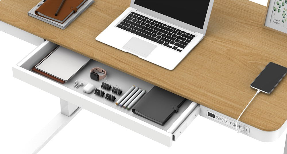 Tuckano Electric Height Adjustable Desk ET119W-C White/Oak. Desk top dimensions 120 x 60cm.