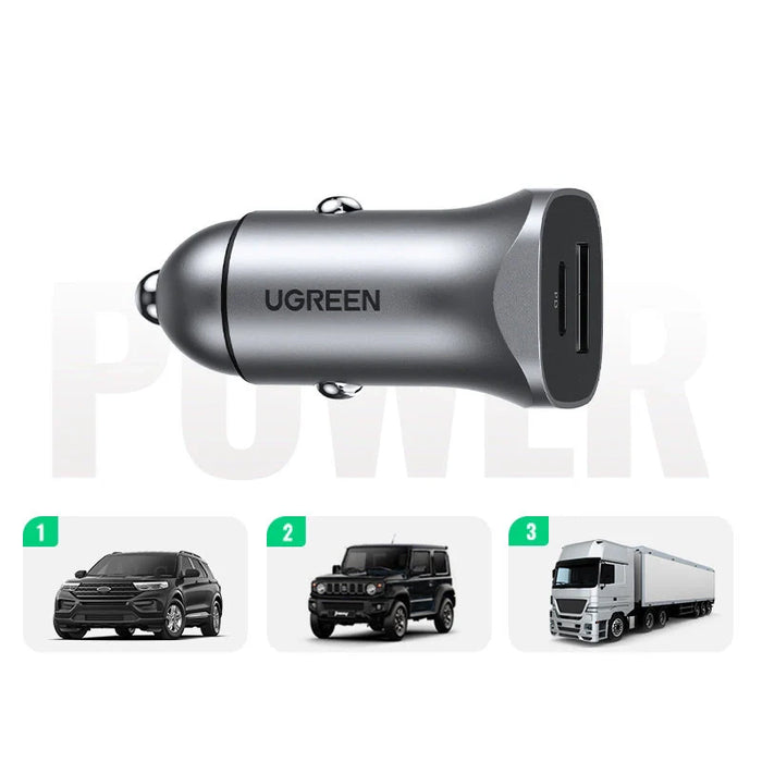 Ugreen Car Charger USB Type C / USB 24W Power Delivery Quick Charge Gray (30780) - Cell phone USB charger<<<HurtelXML