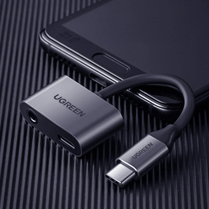 Ugreen CM193 50596 audio adapter two-port USB-C (male) - mini jack 3.5mm / USB-C (female) - gray - USB