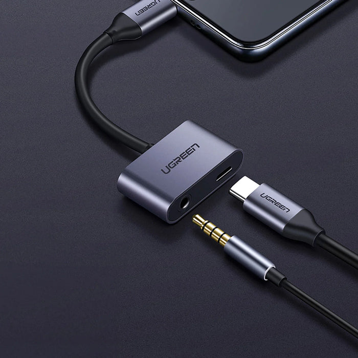 Ugreen CM193 50596 audio adapter two-port USB-C (male) - mini jack 3.5mm / USB-C (female) - gray - USB