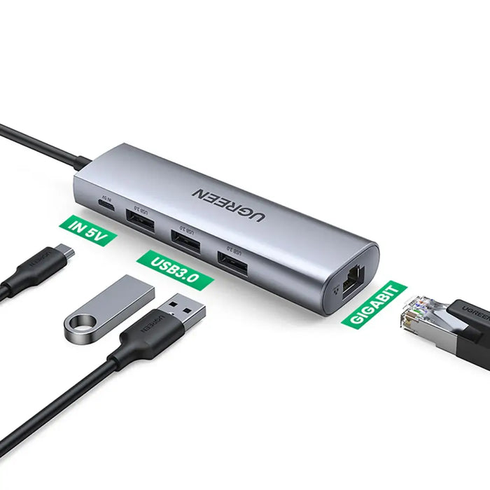 Ugreen CM266 60812 5in1 USB-A 3.0 - RJ45 / 3x USB-A 3.0 / micro USB adapter - gray - USB hubs<<<HurtelXML