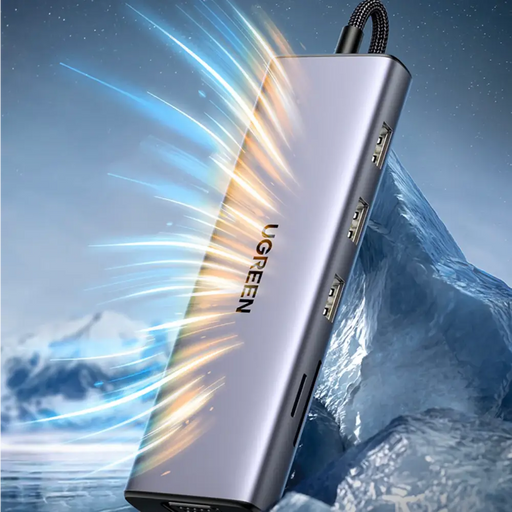 Ugreen CM498 15600 USB-C Adapter - 3x USB-A 3.0 / HDMI / VGA / RJ45 / SD / TF Card Reader / USB-C PD - Gray - USB