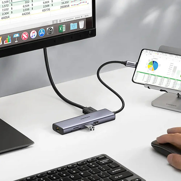 Ugreen CM512 90568 USB-C Adapter - 2x USB-A 3.0 / HDMI / RJ45 / SD and TF Card Reader / USB-C PD 100W - Gray - USB