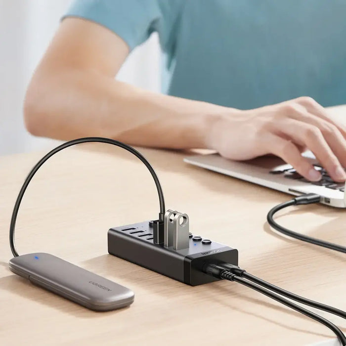 Ugreen multifunctional HUB 7in1 USB Type C - 7x USB Type A 3.0 PD DC 12V gray (CM481) - USB hubs<<<HurtelXML