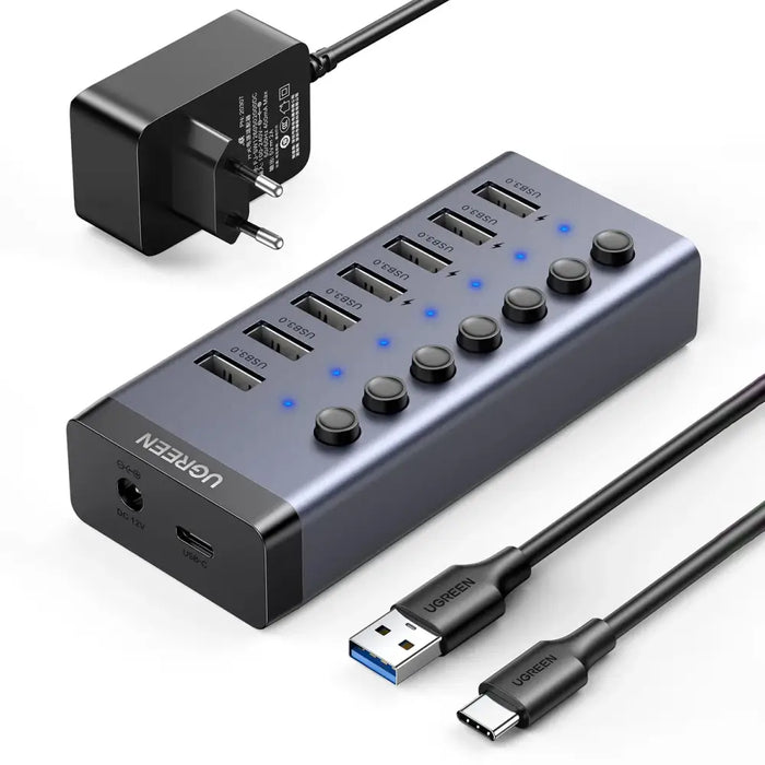 Ugreen multifunctional HUB 7in1 USB Type C - 7x USB Type A 3.0 PD DC 12V gray (CM481) - USB hubs<<<HurtelXML