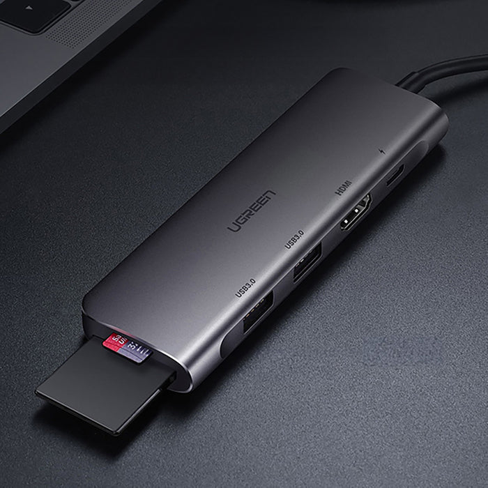 Ugreen CM195 6in1 adapter USB-C - HDMI / 2x USB-A 3.0 / USB-C PD / SD / TF reader - gray
