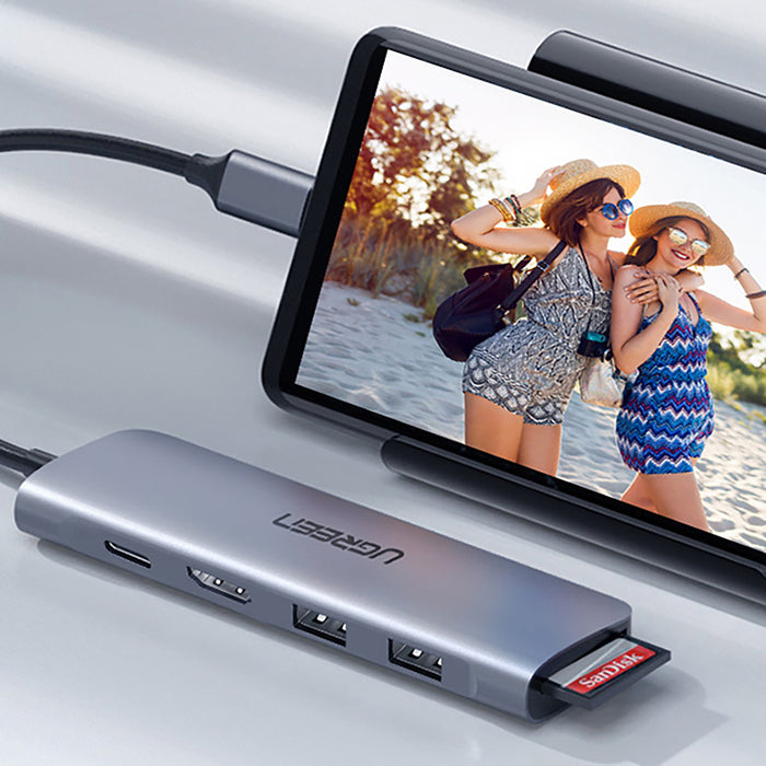 Ugreen CM195 6in1 adapter USB-C - HDMI / 2x USB-A 3.0 / USB-C PD / SD / TF reader - gray