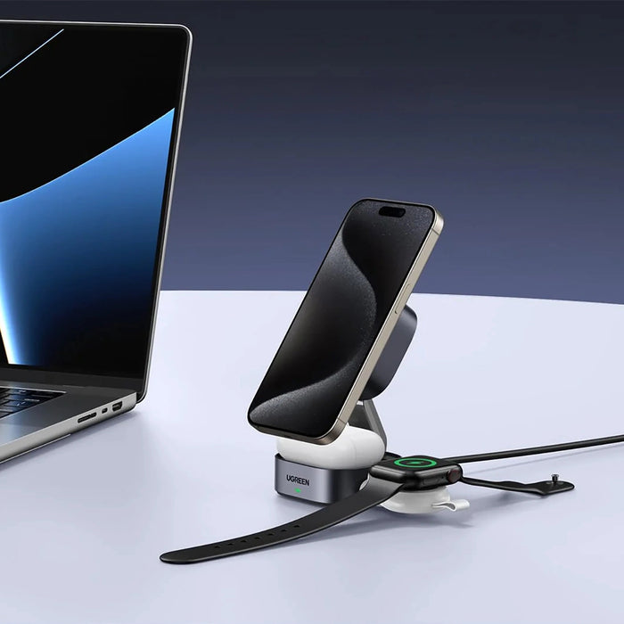 Ugreen W702 3in1 inductive charger with MagSafe / Qi2 and USB-C port for phone / headphones - black