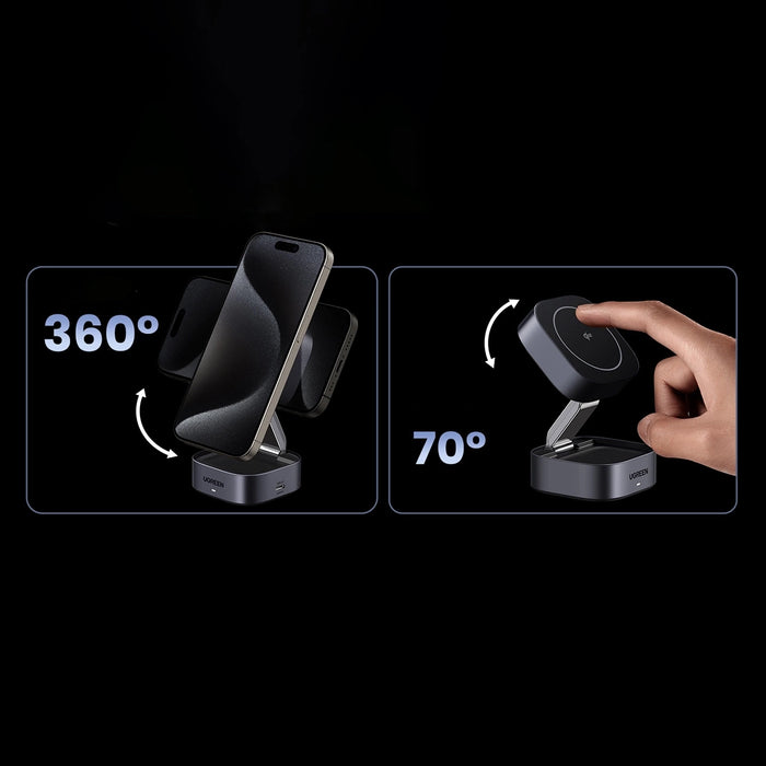 Ugreen W702 3in1 inductive charger with MagSafe / Qi2 and USB-C port for phone / headphones - black