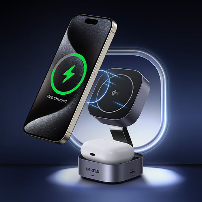 Ugreen W702 3in1 inductive charger with MagSafe / Qi2 and USB-C port for phone / headphones - black