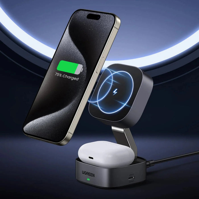 Ugreen W526 3in1 MagSafe / Qi inductive charger for phone / headphones with USB-C port - black
