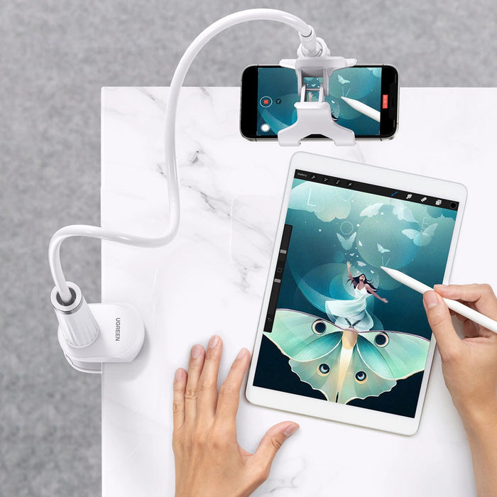 Ugreen universal holder stand phone holder tablet (up to 12cm wide) tripod lazy holder with flexible arm white (30488 LP113)