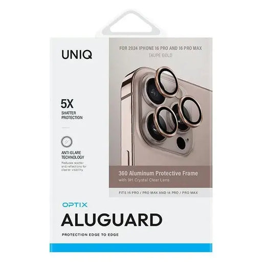 Uniq Optix Aluminum Camera Lens Protector iPhone 16 Pro 6.3’’ / 16 Pro Max 6.9’’ taupe gold camera lens glass