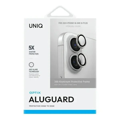 Uniq Optix Aluminum Camera Lens Protector with Applicator for iPhone 16 / iPhone 16 Plus - Silver - Cell phone tempered
