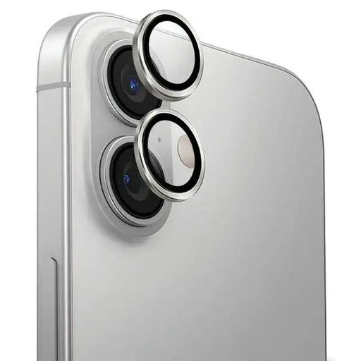 Uniq Optix Aluminum Camera Lens Protector with Applicator for iPhone 16 / iPhone 16 Plus - Silver - Cell phone tempered
