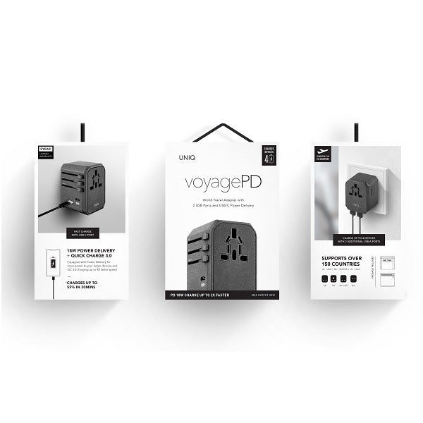 Uniq Voyage LITHOS Collective 33W 2xUSB PD 18W QC 3.0 travel adapter - gray