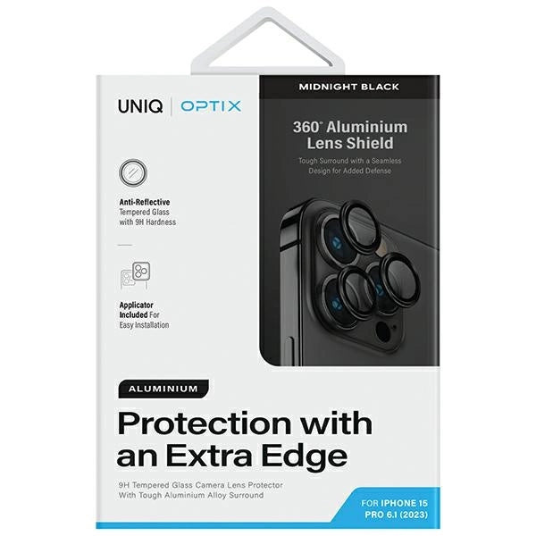 Uniq Optix Aluminum Camera Lens Protector for iPhone 15 Pro camera lens with applicator - black