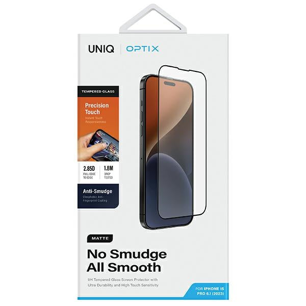 Uniq Optix Matte frosted tempered glass for iPhone 15 Pro with applicator