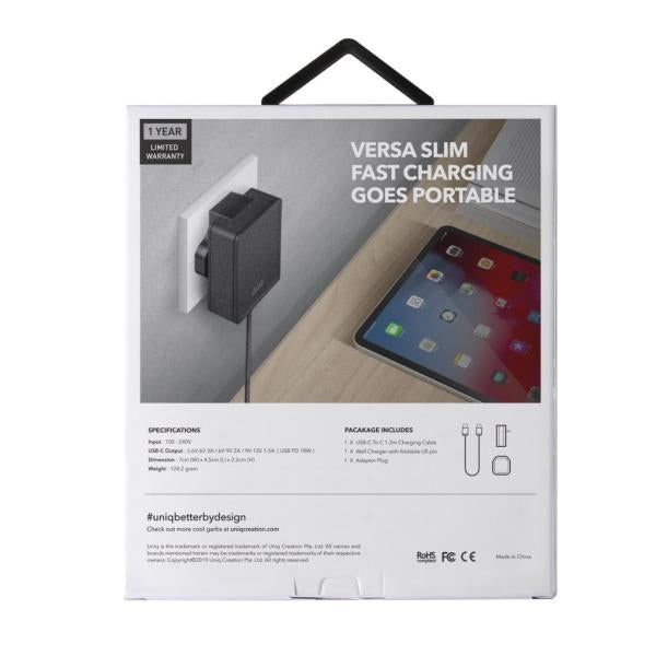 Uniq Versa Slim LITHOS Collective USB-C PD 18W wall charger + USB-C / USB-C cable - black