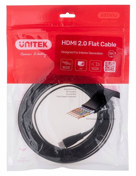 UNITEK 2.0 4K60HZ FLAT 5M C11063BK-5M - Kabel - Digital/Display/Video HDMI cable 5 m HDMI Type A (Standard) Black