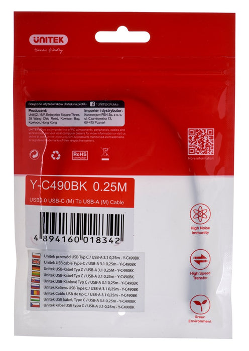 UNITEK CABLE USB-C - USB-A 3.1,M/M,0.25M, Y-C490BK