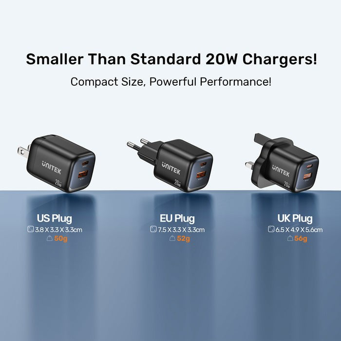 UNITEK 2x GAN 20W mains charger, black