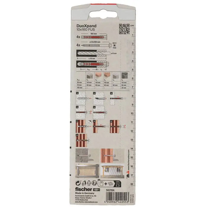 UNIVERSAL DOWEL WITH SCREW 10X160 FUS K 4 PCS. FISCHER DUOXPAND - Комплекти дюбели<<<Дюбели<<<Инструменти и