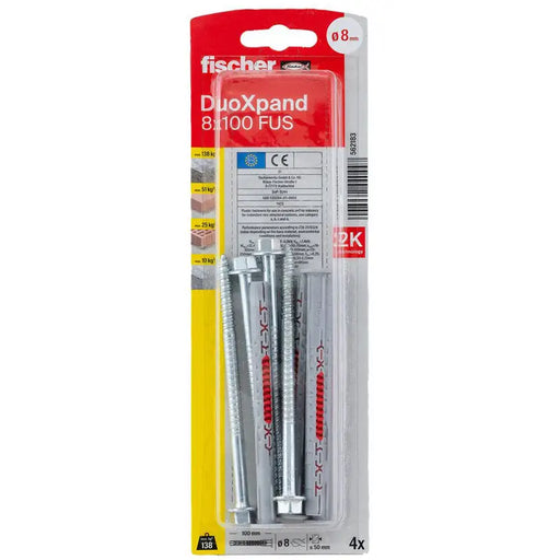 UNIVERSAL DOWEL WITH SCREW 8X100 FUS K 4 PCS. FISCHER DUOXPAND - Комплекти дюбели<<<Дюбели<<<Инструменти и