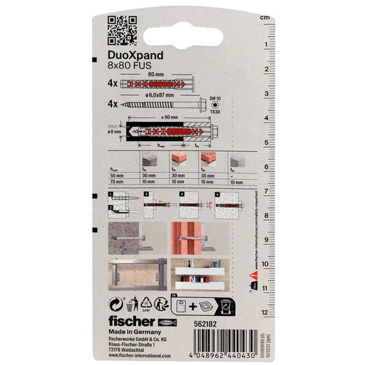 UNIVERSAL DOWEL WITH SCREW 8X80 FUS K 4 PCS. FISCHER DUOXPAND - Комплекти дюбели<<<Дюбели<<<Инструменти и