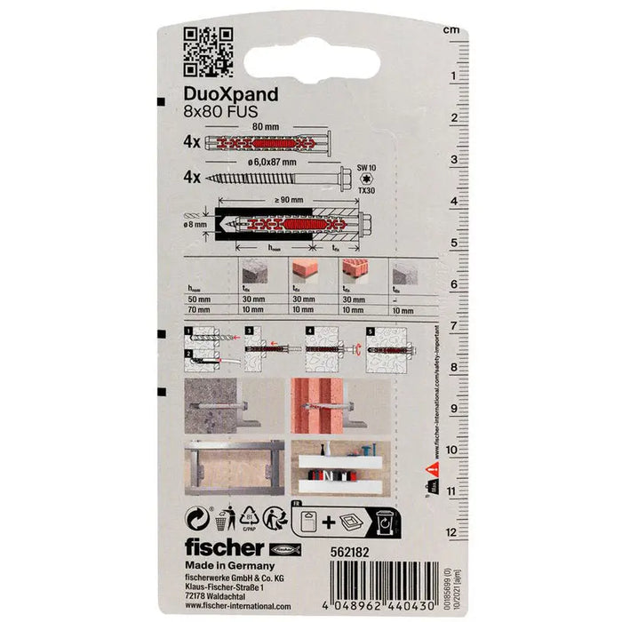 UNIVERSAL DOWEL WITH SCREW 8X80 FUS K 4 PCS. FISCHER DUOXPAND - Комплекти дюбели<<<Дюбели<<<Инструменти и