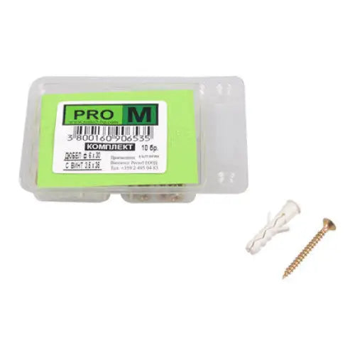 UNIVERSAL DOWEL WITH SCREW F6X30MM 10 PCS PRO M - Комплекти дюбели и винтове<<<Дюбели<<<Инструменти и