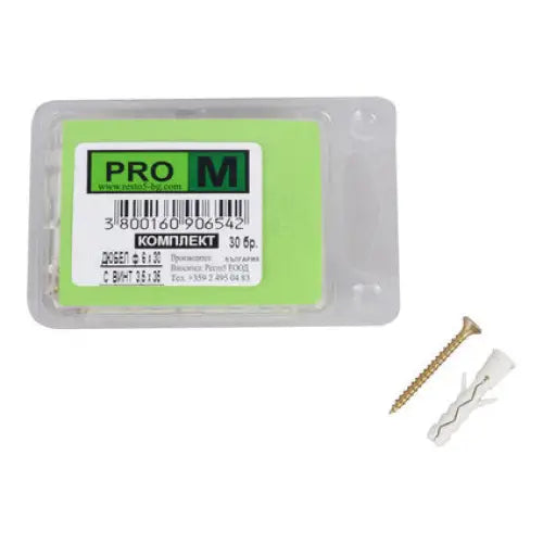 UNIVERSAL DOWEL WITH SCREW F6X30MM 30 PCS PRO M - Комплекти дюбели и винтове<<<Дюбели<<<Инструменти и