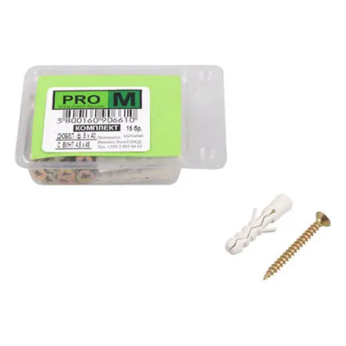 UNIVERSAL DOWEL WITH SCREW F8X40MM 15 PCS PRO M - Комплекти дюбели и винтове<<<Дюбели<<<Инструменти и