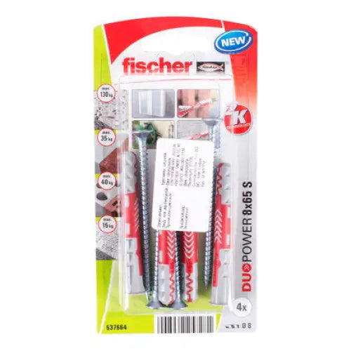 UNIVERSAL DOWEL WITH SCREW F8X65MM 4 PCS FISCHER DUOPOWER SK NV - Комплекти дюбели и винтове<<<Дюбели<<<Инструменти и
