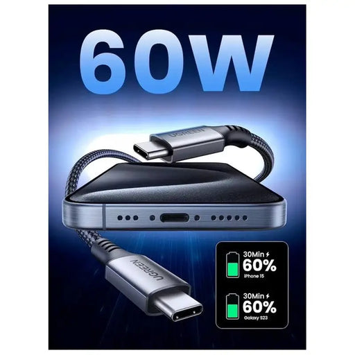 USB-C TO USB-C DATA AND CHARGING CABLE - 60W 1m (US567) UGREEN - GRAY - Кабели за мобилни устройства<<<Аксесоари за