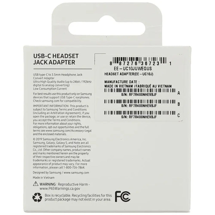 USB-C to Jack 3.5 mm Adapter Samsung EE-UC10JUWE White - Компютър Кабели и адаптери<<<Компютри|