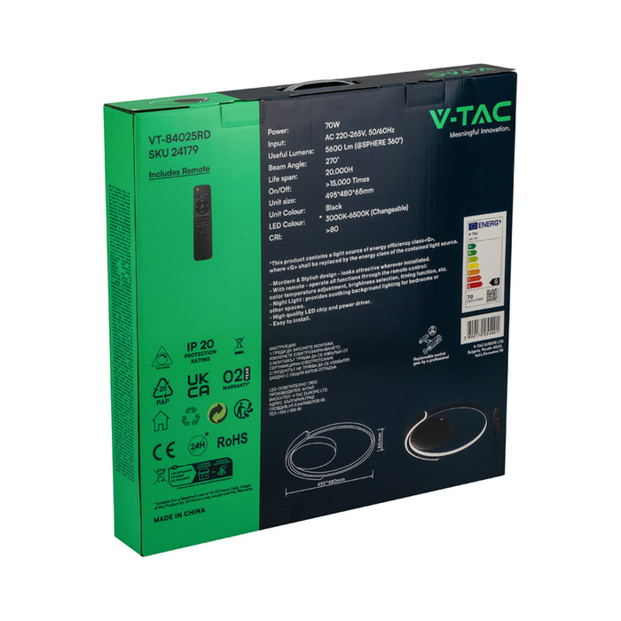 LED CEILING LIGHT 70W REMOTE CONTROL BLACK CIRCLE 84025 V-TAC