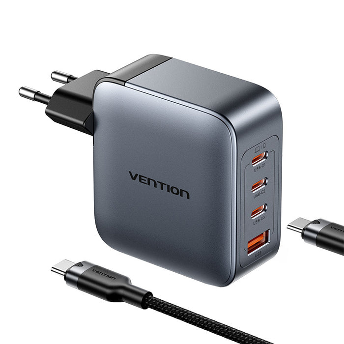 Vention power charger 3x USB-C, 1x USB-A, (100W/100W/30W/30W) (grey) with USB-C to USB-C cable (1m) (black)