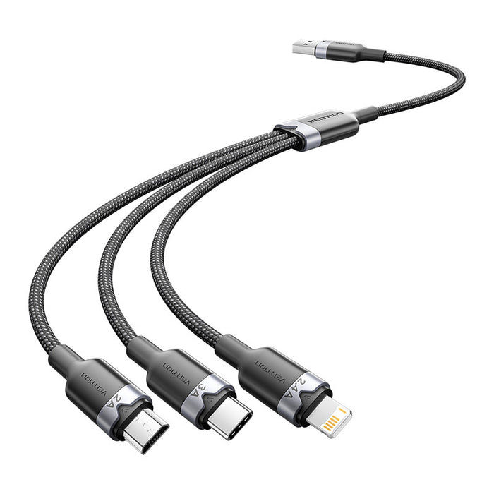 USB 2.0 A male to 3-in-1 USB-C, Lightning and Micro-B male cable Vention 3A CTPBG 1.5m