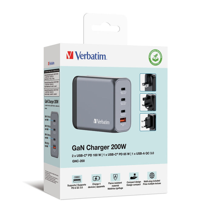 Verbatim GNC-200 GaN Charger 4 Port 200W USB A/C (EU/UK/US) - Аксесоари<<<VERBATIM памети и