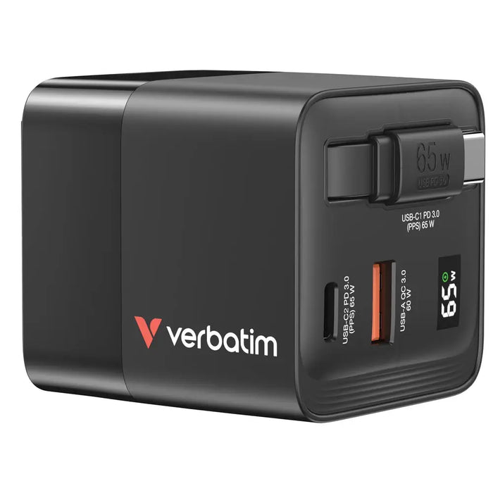 Verbatim Mini GaN Charger 65W 2 Port retractable cable display US plugs with EU and UK adaptors - Аксесоари<<<VERBATIM
