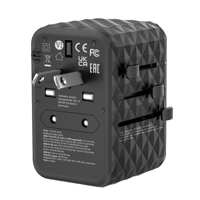 Verbatim UTA-05 GaN III Universal Travel Adapter with 2 x USB-C PD 65W & QC 4+ / 2 x USB-A - Аксесоари<<<VERBATIM